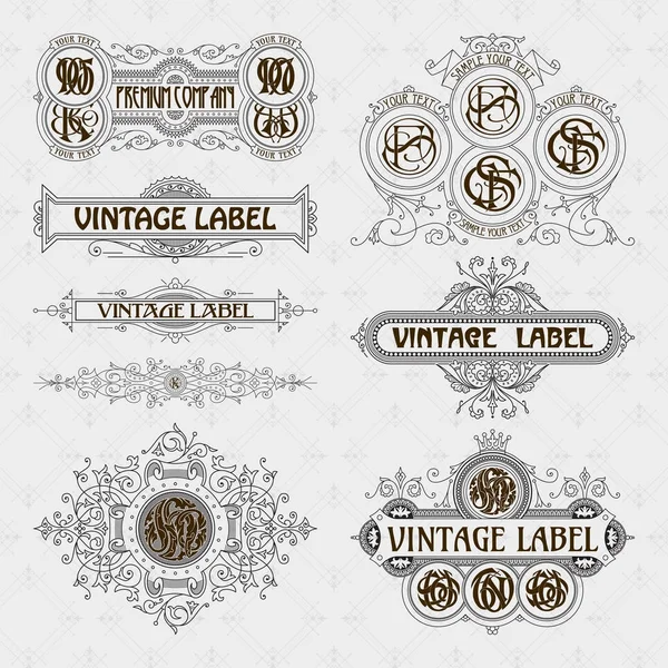 Eski vintage çiçek öğeleri - şeritler, Monogram, çizgili, çizgiler, açılar, sınır, çerçeve, etiket, logo - vektörel çizimler