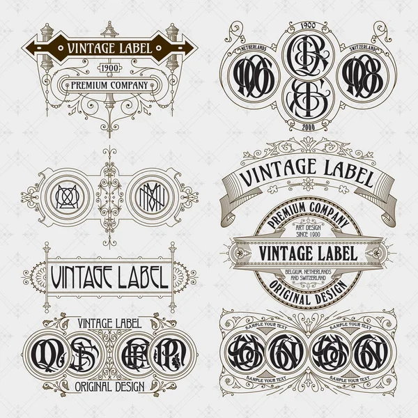 Eski vintage çiçek öğeleri - şeritler, Monogram, çizgili, çizgiler, açılar, sınır, çerçeve, etiket, logo - vektörel çizimler