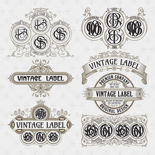 Eski vintage çiçek öğeleri - şeritler, Monogram, çizgili, çizgiler, açılar, sınır, çerçeve, etiket, logo - vektörel çizimler