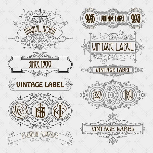 Eski vintage çiçek öğeleri - şeritler, Monogram, çizgili, çizgiler, açılar, sınır, çerçeve, etiket, logo - vektörel çizimler