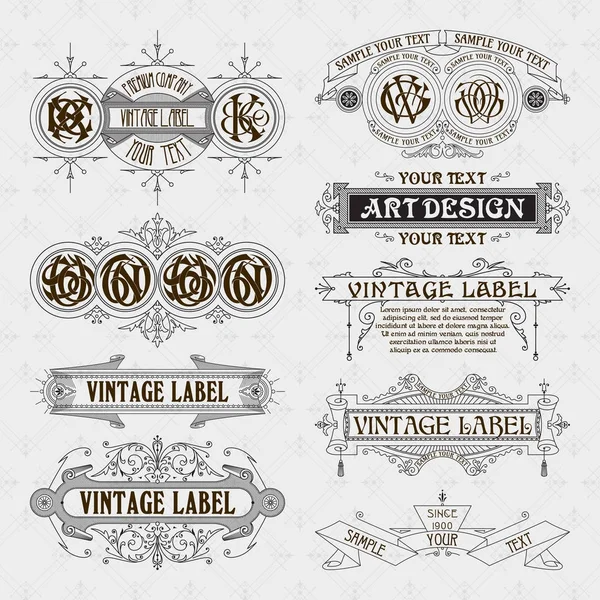 Eski vintage çiçek öğeleri - şeritler, Monogram, çizgili, çizgiler, açılar, sınır, çerçeve, etiket, logo - vektörel çizimler
