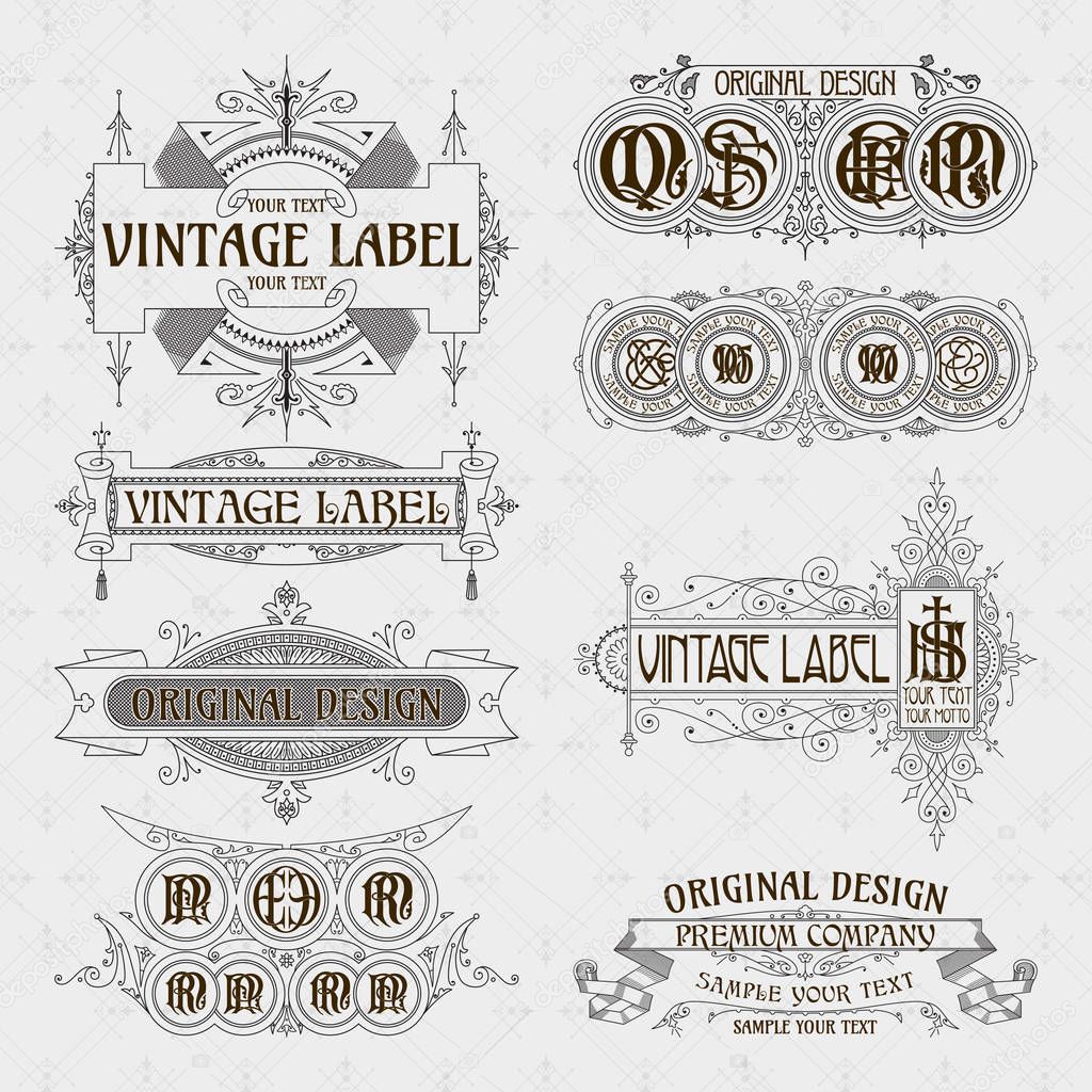 Old vintage floral elements - ribbons, monograms, stripes, lines, angles,border, frame,label, logo - vectors