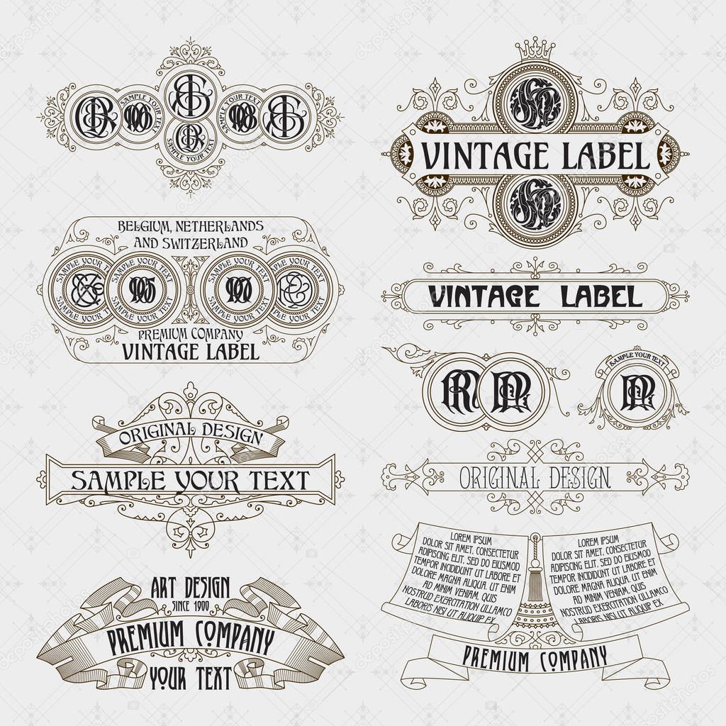 Old vintage floral elements - ribbons, monograms, stripes, lines, angles,border, frame,label, logo - vectors