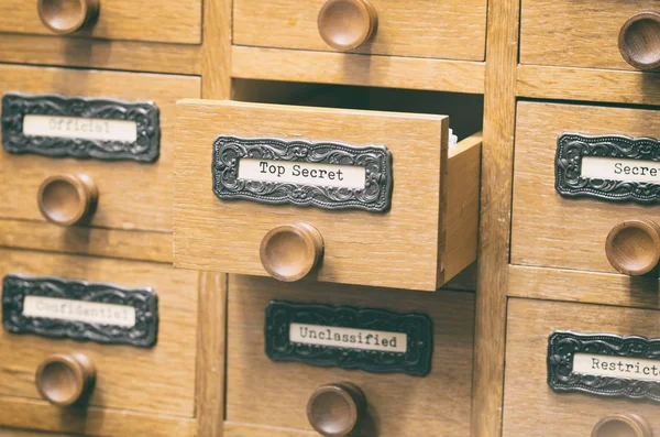 Old wooden archive files catalog drawer, Top secret files. — Stock Photo, Image