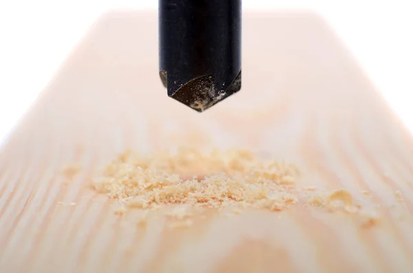 Drilling hole in wood, countersink drill bit in use. — Stock Photo, Image