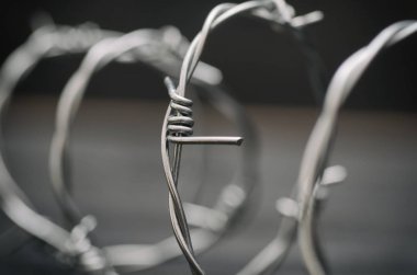 Siyah ahşap arkaplanda dikenli tel var.