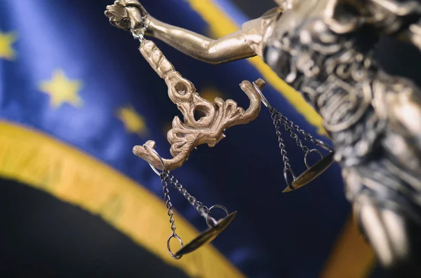 Scales of Justice, Justitia, Lady Justice in front of the European flag