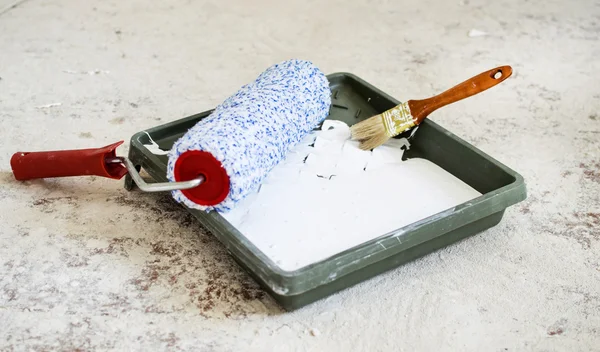 Tepsi ile boya bir rulo ve fırça boya duvarlar 