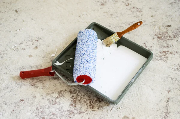 Tepsi ile boya bir rulo ve fırça boya duvarlar 