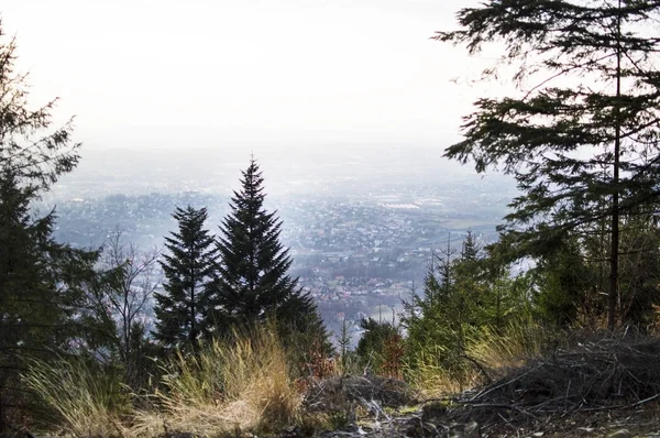 Uitzicht op een kleine stad vanaf de top van de bergen — Stockfoto