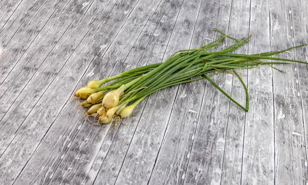 Green onion in the background of a tree texture — Stock Photo, Image