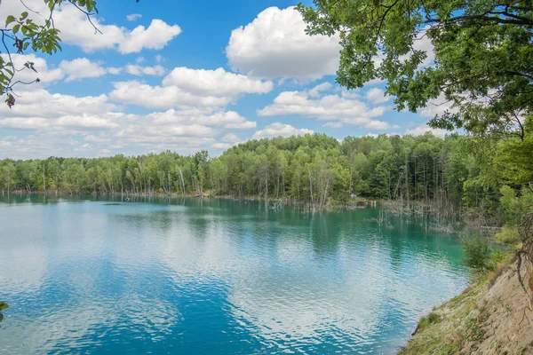 Lago em uma floresta com água azul-turquesa clara — Fotografia de Stock