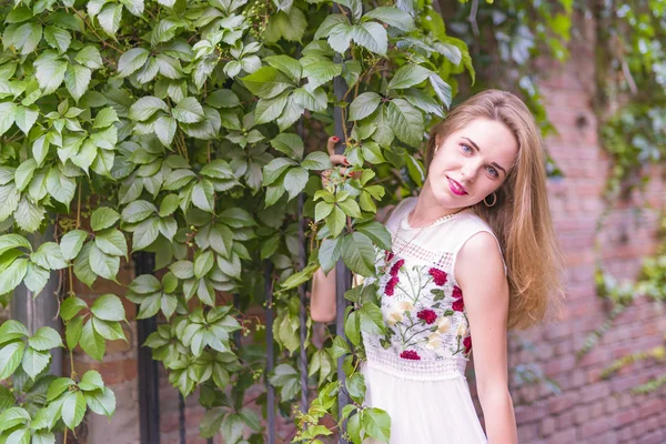 Girl on the background of a wall with green foliage — Stock Photo, Image