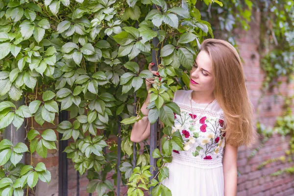 Kız bir duvar ile yeşil yeşillik zemin üzerine