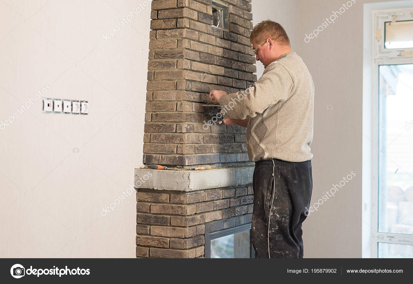Process Installing Tile Surface Fireplace House Stock Photo
