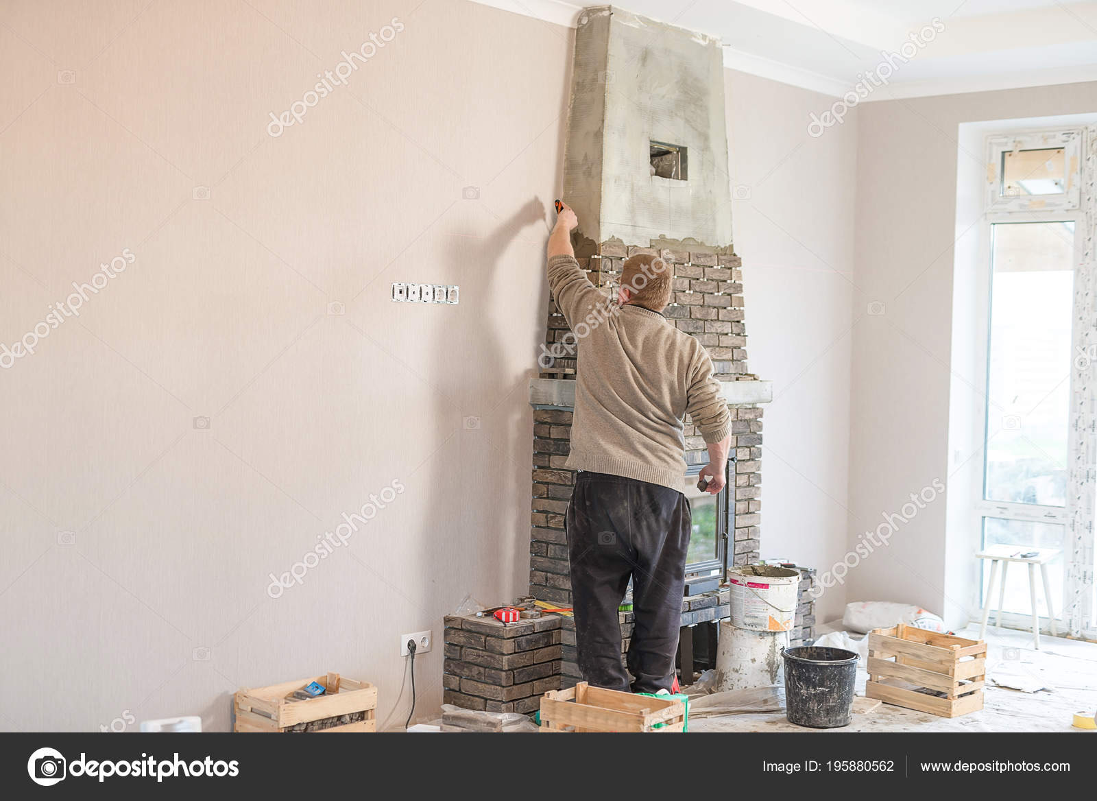 Process Installing Tile Surface Fireplace House Stock Photo