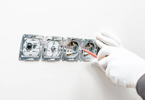 Process Installing Internal Sockets Power Internet Television White Plaster Wall — Stock Photo, Image