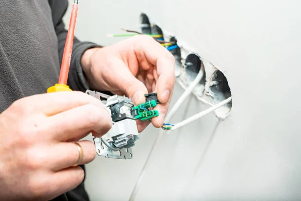 Process Installing Internal Socket Internet Access Background White Gypsum Wall Stock Picture