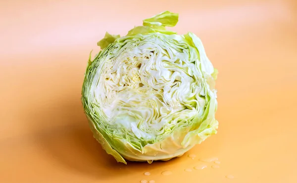 Cob Green Fresh Cabbage Cut Half Yellow Background — Stock Photo, Image