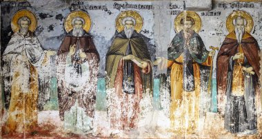 Mount Athos, Yunanistan - 27 Mart 2017: Aziz eskimiş freskler