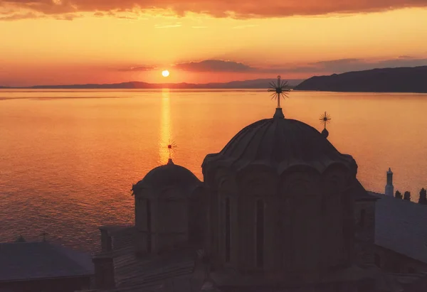 Zonsondergang in het Dochiariou klooster, Mount Athos, Athos schiereiland Chalkidiki, Griekenland — Stockfoto