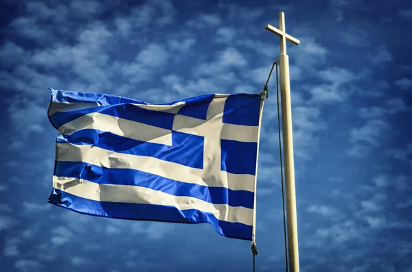 Greek flag on sky background — Stock Photo, Image