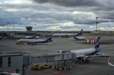 Moskova Sheremetyevo airport, Rusya Federasyonu - 21 Ekim 2017: görüntüle terminaller park uçak