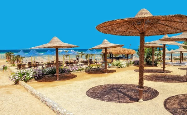 Chaise lounge y sombrillas en la playa contra el cielo azul y — Foto de Stock