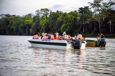 Kinabatangan, Malezya - 09 Mayıs 2013: turist bir tekne gezisi nehir, Kinabatangan, bazı en farklı konsantrasyon olan Borneo adasında yaban hayatı boyunca.