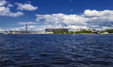 Saint Petersburg, Rusya - 29 Haziran 2017: Krestovsky Stadı, Saint Petersburg. Fince Körfez görünümünden