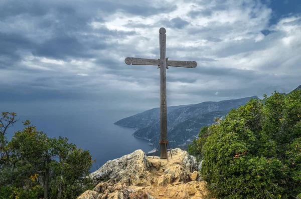 Trä Kors Klippa Berget Athos Ovanför Havet — Stockfoto