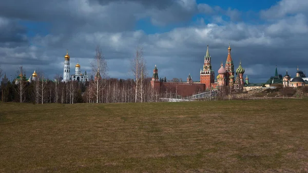 聖バジル大聖堂とロシアのクレムリンを見下ろすZaryadye公園の景色のパノラマ 夏にモスクワのランドマークのビュー モスクワ中央公園の素晴らしい景色 — ストック写真