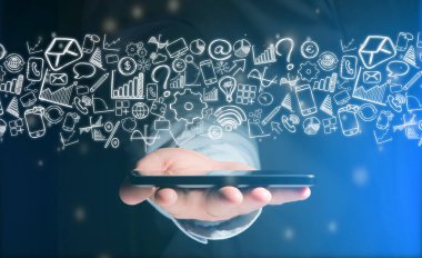 Smartphone ile iş ikonları/simgeleri her yerde tutan bir adamın elini