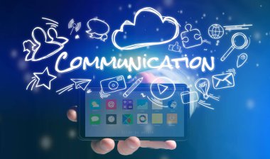 Smartphone ile iletişim simgesi tutan adam kavramı