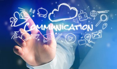 İletişim simgesi üzerinde fütüristik Inte işaret parmak kavramı