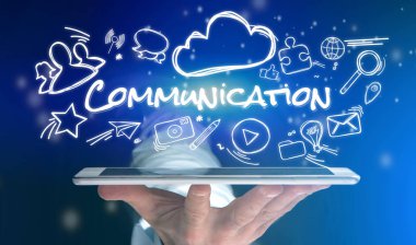 Tablet ile iletişim simgesi tutan adam kavramı