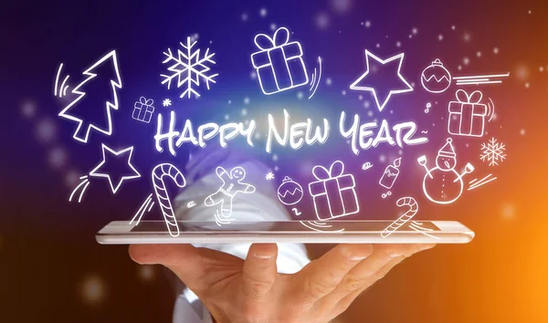 Main d'un homme tenant tablette avec heureuse nouvelle année icônes tout autour — Photo