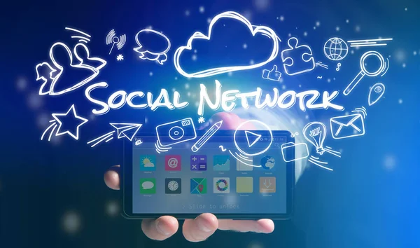 Concetto di uomo che tiene smartphone con icona del social network aroun — Foto Stock