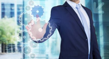 Dişli tekerlekleri arabirimiyle dokunmadan işadamı