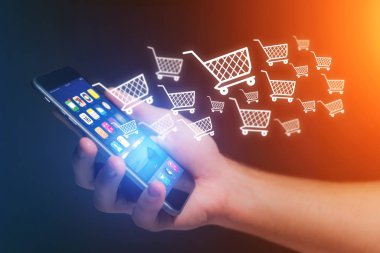 Bir akıllı telefon dışarı gidiyor - çevrimiçi konsantrasyon alışveriş sanal arabası