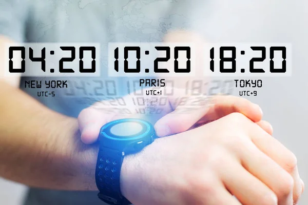 Jet lag concept with different hour time over a smartwatch — Stock Photo, Image