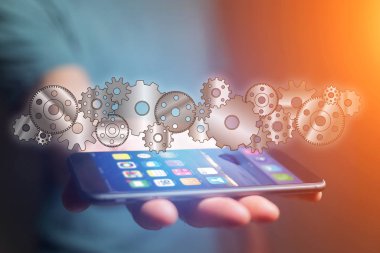 Karikatür - dişli w teknoloji arabirimiyle ayarlama kavramı