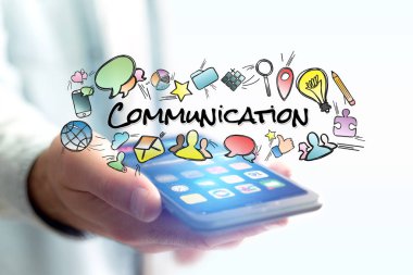 İletişim başlığı ve m ile smartphone tutan adam kavramı