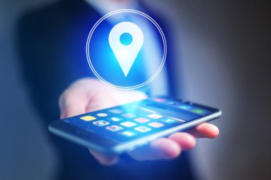  Bir akıllı telefon ile bir haritada coğrafi yerelleştirme kavramı