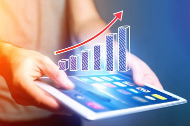 İş grafik simgesi bir tablet - teknoloji uçan kavramı 