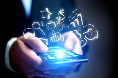 İş kavramı el çekilmiş simgesi bir smartphone - Te uçan