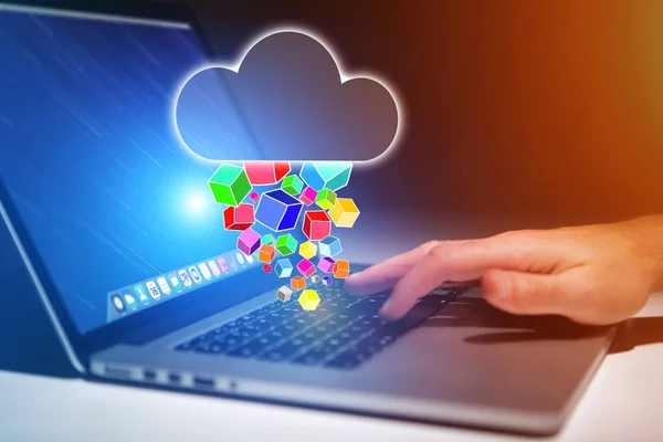 Konsep ikon penyimpanan awan terbang keluar komputer-teknologi — Stok Foto