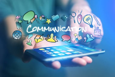 İletişim başlığı ve m ile smartphone tutan adam kavramı