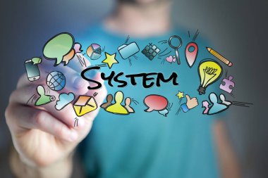 Çizim sistemi başlık ve Multimedya simgeler uçan adam kavramı 