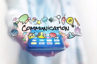 İletişim başlığı ve m ile smartphone tutan adam kavramı